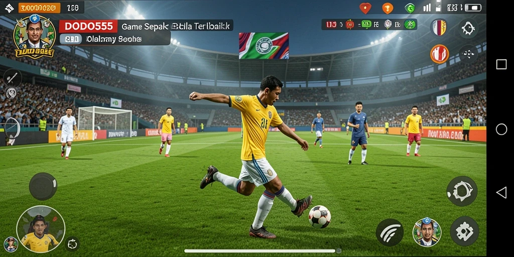 Screenshot utama DODO555 menampilkan pemain dalam aksi di lapangan sepak bola.