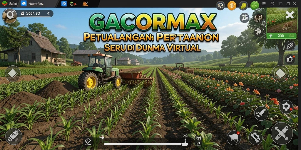 Tampilan gameplay GACORMAX dengan ladang yang subur dan hewan ternak.