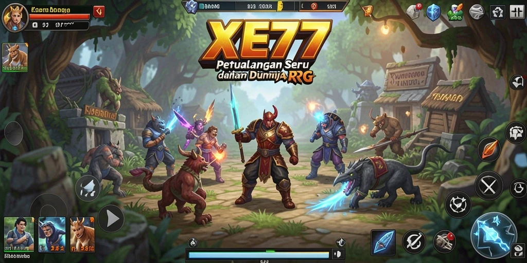Gameplay RPG XE77 dengan pertarungan seru dan eksplorasi dunia.